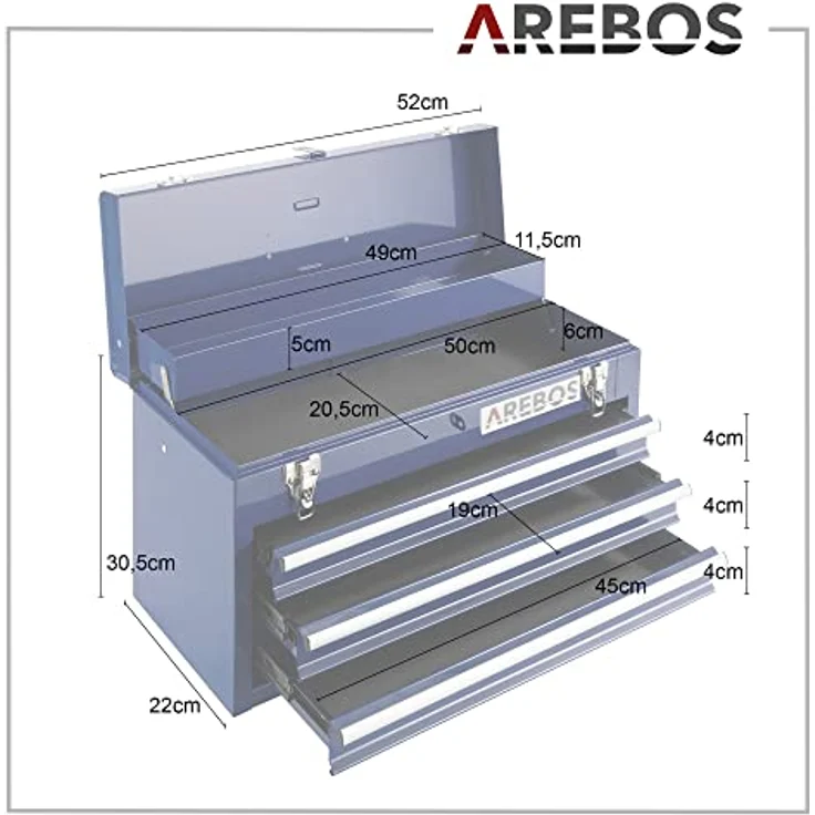 Canbolat Vertriebs Gmbh - AREBOS Werkzeugkoffer mit 3 Schubfächer blau - Werkzeugkasten Werkzeugbox Werkzeugkiste - blau – Bild 8