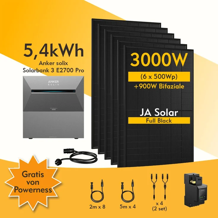 Powerness Balkonkraftwerk 3000W mit Anker SOLIX Solarbank 3 E2700 Pro, 2.688 kWh Erweiterungsakku und 6x JA Solar 500Wp Bifazial PV Panel, Smart Meter, Full Black