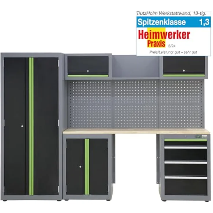TRUTZHOLM Werkstattwand Werkstattschranksystem Werkstatteinrichtung 13-TLG. | flexibel zusammenstellbar, abschließbar, Hochschrank, Hängeschränke, Unterschränke mit Gasdruckfedern (Schwarz/Grau/Grün)