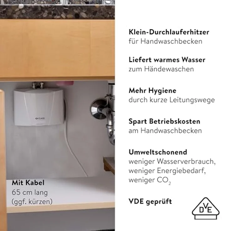 CLAGE M3/END, hydraulischer Klein-Durchlauferhitzer mit Einhand-Waschtischarmatur, 3,5 kW, für drucklose Armaturen, VDE-GS geprüft, direktes Warmwasser, Made in Germany – Bild 5