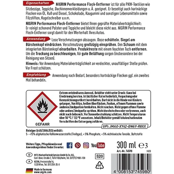 NIGRIN Performance Fleck-Entferner, Textilreiniger für Auto Innenraum, mit integriertem Bürstenkopf, 300 ml – Bild 5