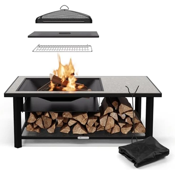 Blumfeldt Merano Avanzato Feuerschale mit Grillrost, 3-in-1 Feuertisch, 122x87 cm, Terrazzo-Tischplatte, Schwarz – Bild 1