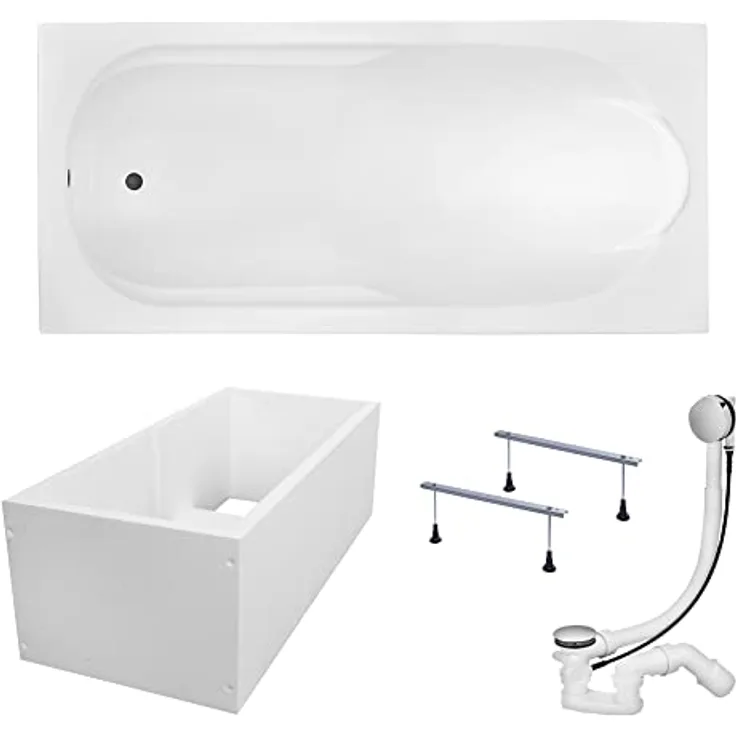 KOLMAN Badewanne BONA Rechteck 190x80, Premium Acryl Wanne mit Wannenträger, Ablaufgarnitur, Füßen und automatischem Siphon, reinweiß