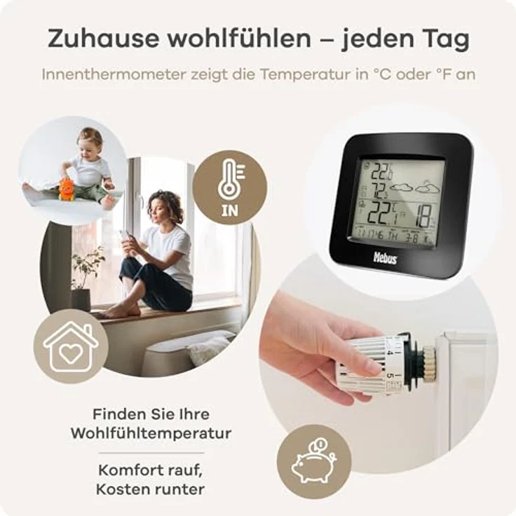 Mebus Funk-Wetterstation, digitales Innen- und Außenthermometer mit Hygrometer, Wettervorhersage und Mondphasenanzeige, schwarz – Bild 4