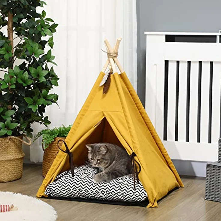 PawHut Tipi-Zelt für Haustiere, Tierbett im Tipi-Design, Katzenzelt mit Kissen, Katzenhaus mit rutschfestem Boden Spielball, Hundebett zum schlafen, Katzenbett, Kiefernholz, Indoor, Gelb – Bild 2
