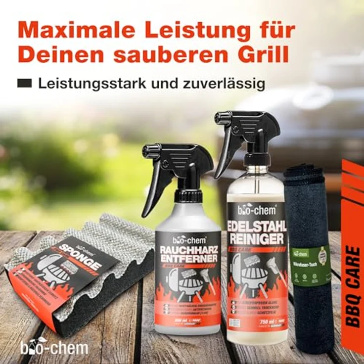 bio-chem Grillreiniger Set, 4-teilig mit Rauchharz-Entferner, Edelstahlreiniger, Grillschwamm und Mikrofasertuch für starke Reinigung von Grill, Gasgrill und Gusseisen – Bild 2