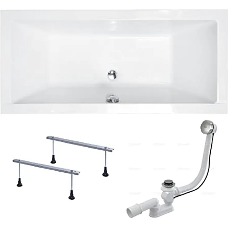Besco BADLAND QUADRO Badewanne, Original Weiß Acryl, Rechteck 180x80 cm, Komplettset mit exklusiver Chrom Automatik Ablaufgarnitur und Füßen, Made in EU