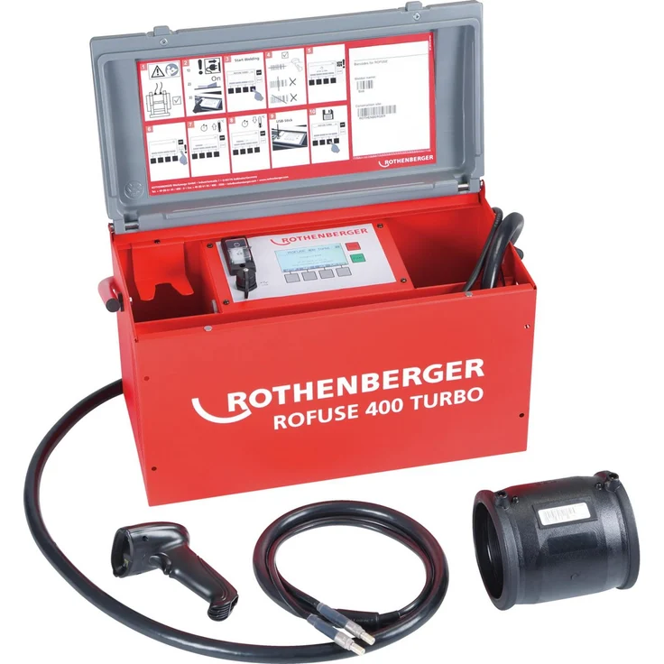 Rothenberger ROWELD ROFUSE TURBO 400, vollautomatisches Heizwendel-Schweissgerät für PE/PP, 8-48 V, für Formteile bis 400 mm Durchmesser, Active-Cooling Funktion, USB-Dokumentation