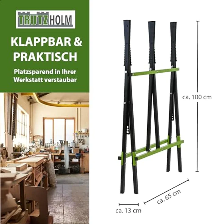 TRUTZHOLM Holzsägebock klappbar, pulverbeschichtet, 100 kg Traglast, 3-fach verstellbar, schwarz/grün – Bild 5