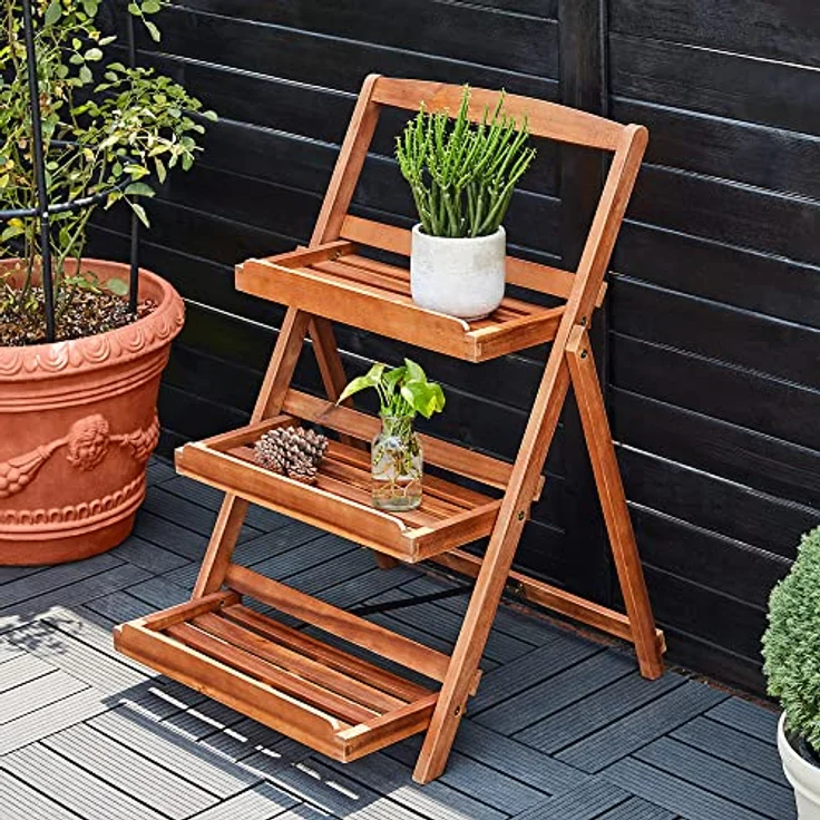 Blumentreppe 3 Stufen Regal 79 x 59 x 56cm Akazienholz Pflanzregal Blumenregal Blumenleiter – Bild 4