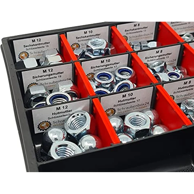 Muttern Sortiment M4-M5-M6-M8-M10-M12 554 tlg. Schraubenbox - Preisvergleich – Bild 3