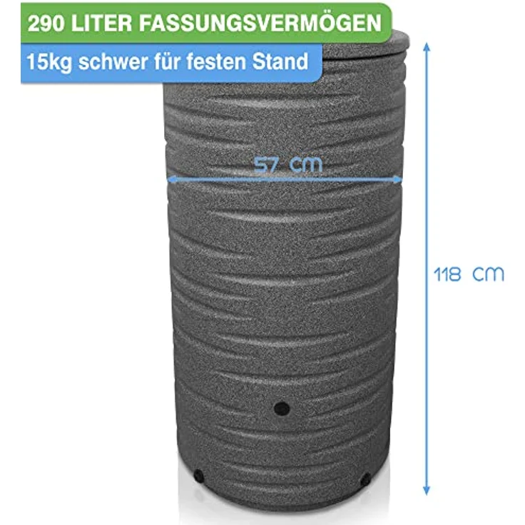 YourCasa Regentonne 290 Liter [Premium] mit Metallgewinde und Deckel - Regenfass Frostsicher aus Kunststoff - Grau – Bild 5