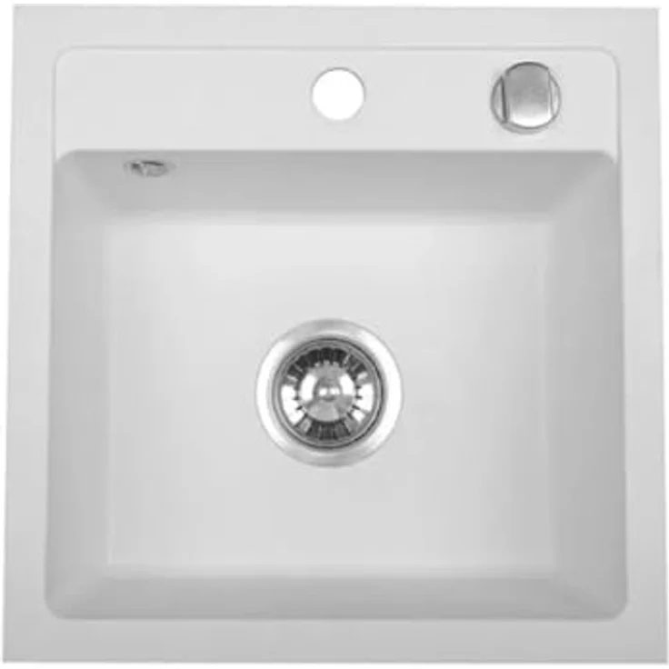 QLS Bella Spülbecken 44x44 cm aus Granit mit automatischem Siphon, hitzebeständig und pflegeleicht, Weiß – Bild 1