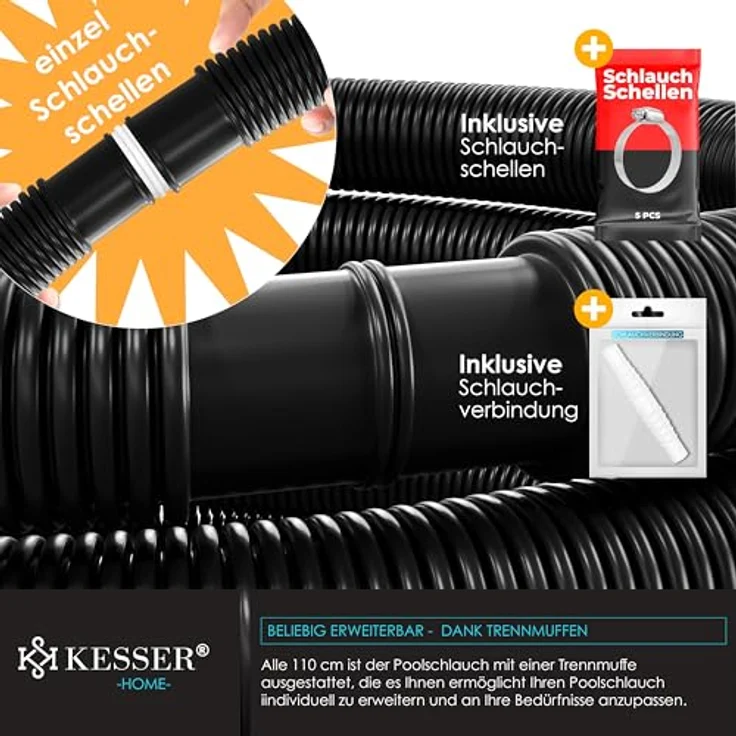 KESSER Poolschlauch | Schwimmbadschlauch mit Muffen | Solarschlauch für Pool und Schwimmbecken | Saugschlauch | Pumpenschlauch | Flexibler Wasserschlauch Schwarz, Länge 10m ( Ø 32 mm ) – Bild 4