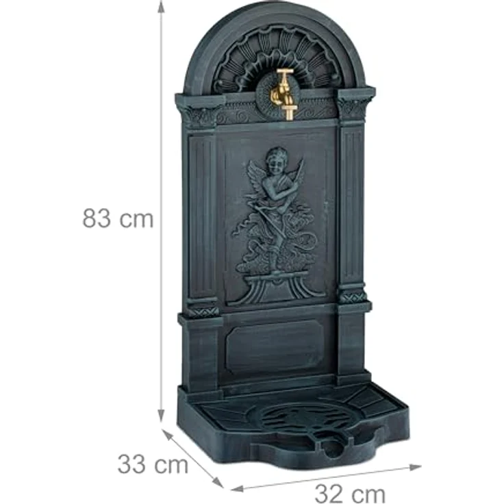 relaxdays Gartenbrunnen Standbrunnen im Engel-Design, Grau, mit Wasserhahn und Becken, nostalgisches Antik-Design – Bild 4