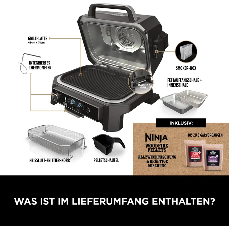 Ninja Woodfire Pro XL Elektrogrill, großer 4-in-1-Außengrill mit Smoker-&Heißluftfritteuse mit Smart Cook-System und integriertem Thermometer,Holzfeuer-Pellets,wetterfest, tragbar,Grau/Schwarz OG850EU – Bild 4