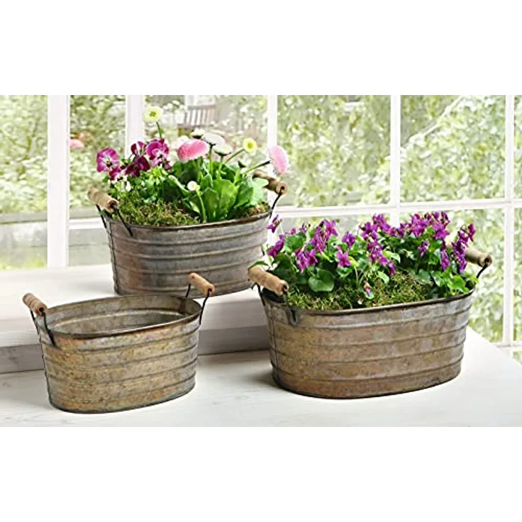 3er Set Metallwannen im Antik-Design, mit Holzgriffen, Blumenkübel, Pflanzkasten, Blumenkasten, Pflanzkübel, Pflanzgefäß, Garten-Deko für Draußen