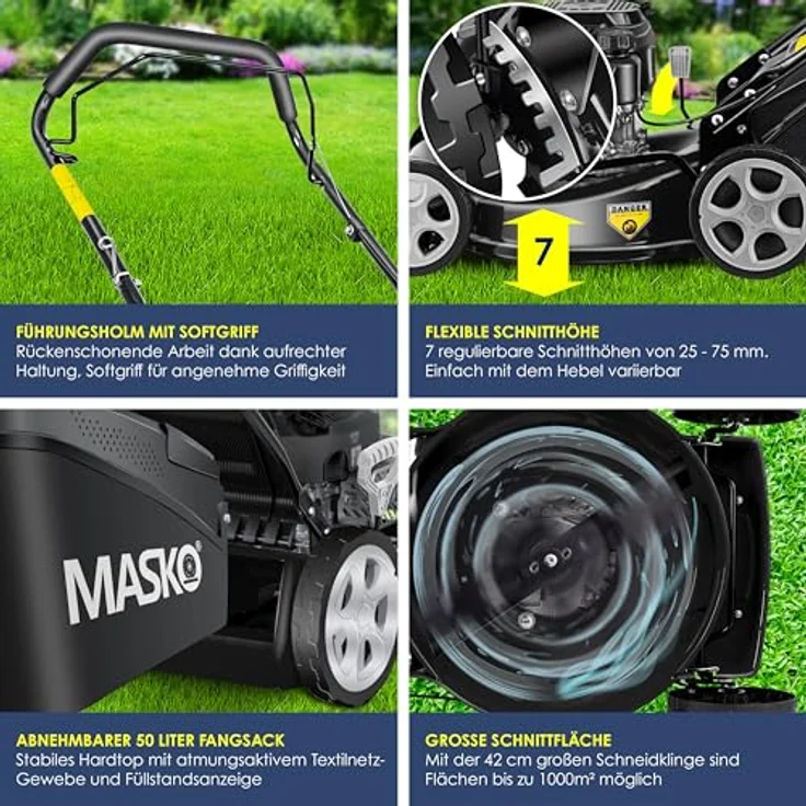 MASKO® Benzin Rasenmäher 5in1 mit Radantrieb, EasyClean Funktion, Mulch- und Seitenauswurf, 55 cm Schnittbreite, 8-fache Schnitthöhenverstellung, 4-Takt Motor, inkl. Fangkorb – Bild 3