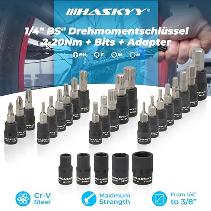 HASKYY Drehmomentschlüssel 1/4" 2-20Nm Set Fahrrad Drehmoment Bit Innensechskant Verlängerung Torx Bit Satz, F1/4"-M3/8" Adapter Reparatur Service – Bild 2