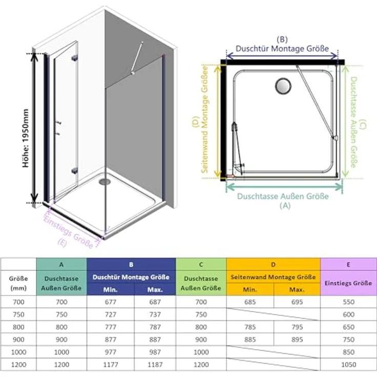 IMPTS Eckdusche Duschtür Falttür mit Seitenwand Komplett Duschkabine, BxT: 75x90 cm, Einscheibensicherheitsglas, 2-tlg., INKL. Duschwanne & Ablauf – Bild 5