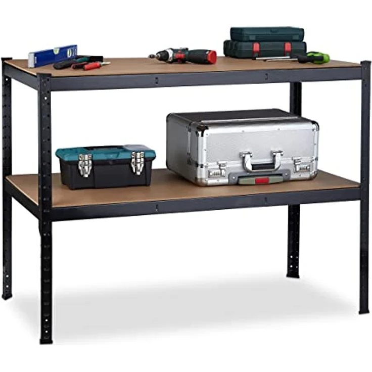 Relaxdays Werkbank 2 Ebenen, höhenverstellbar, Werktisch aus Stahl und MDF, schwarz, HBT 90x120x60 cm – Bild 1