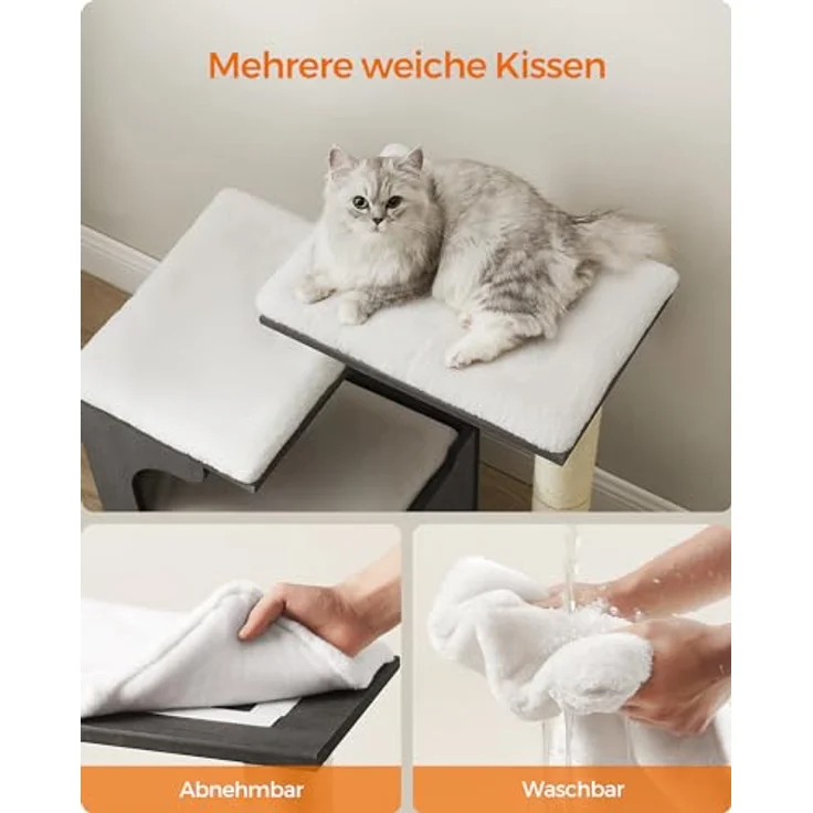 Feandrea Kratzbaum, 86 cm hoher Katzenbaum, Spanplatten-Katzenkratzbaum, mit Höhle, Liegeflächen, Säule und Sisal-Kratzmatte, waschbare Plüschkissen, nebelgrau" – Bild 3