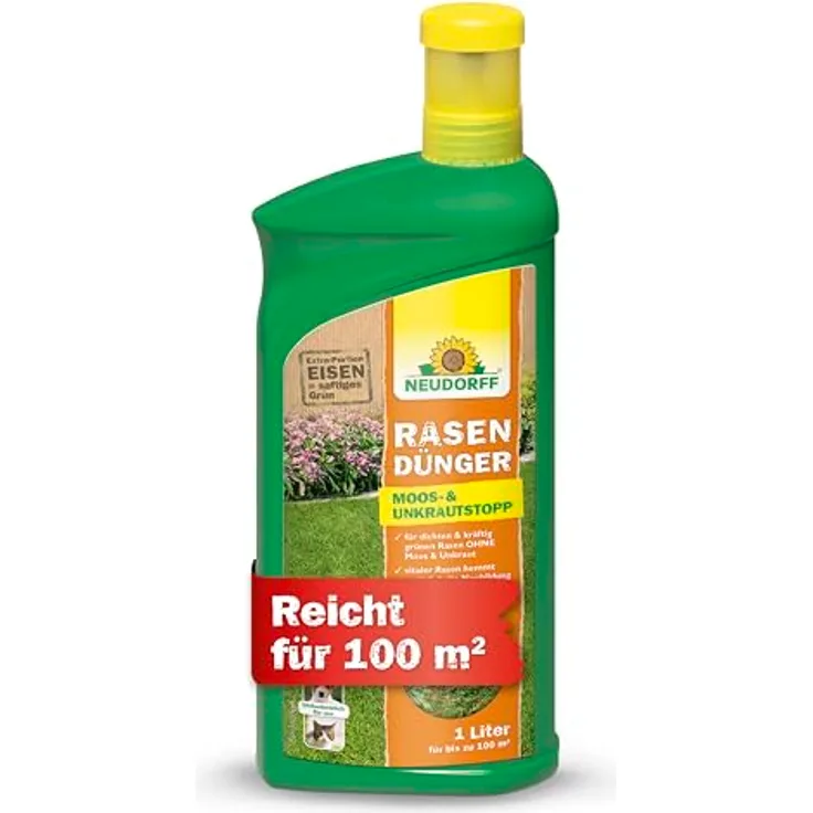 Neudorff Rasendünger Moos-&UnkrautStopp, 1 l, einfache Spritzanwendung ohne Streuwagen