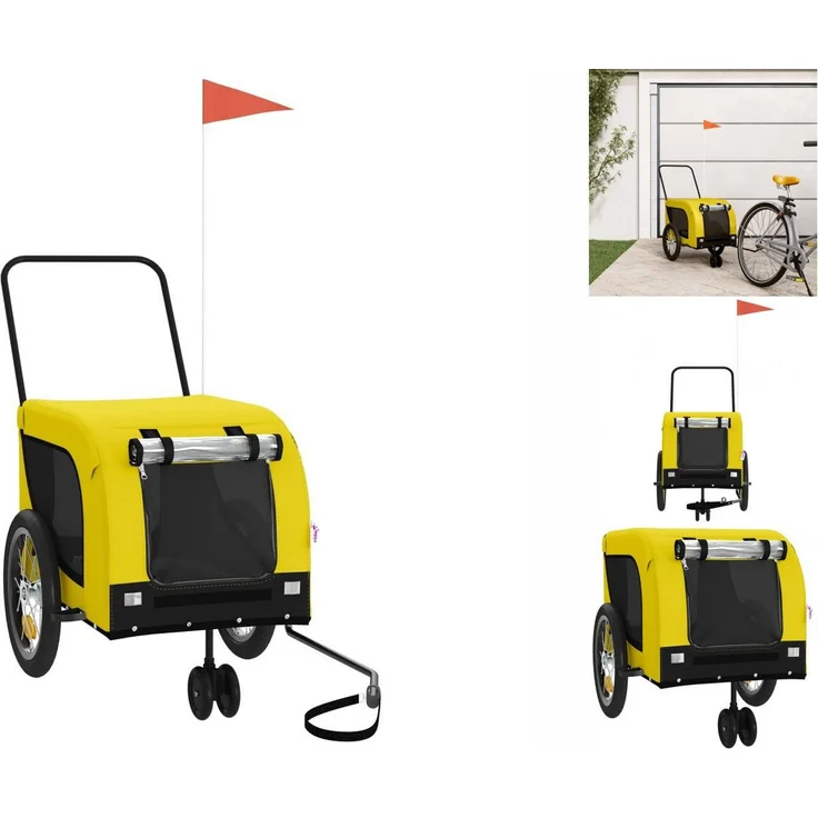 vidaXL Hunde-Transportbox Fahrradanhänger Gelb und Schwarz Oxford-Gewebe & Eisen, Reflektoren und Flagge für sicheres Fahren – Bild 1