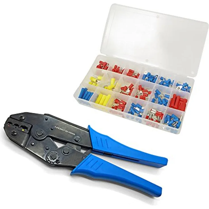 ARLI Crimpzange + Kabelschuh Sortiment 350-teilig, Flachstecker und Quetschverbinder, rot oder blau, mit Ratschenfunktion und Sicherheitsmechanismus