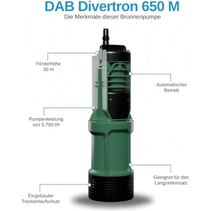 DAB Divertron 650 M Tauchdruckpumpe, 5.700 L/Std., 630W, Förderhöhe 30 m, Geräuscharm, Automatische Brunnen- und Zisternenpumpe – Bild 3