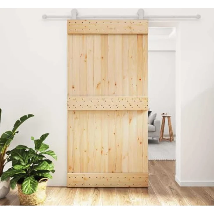 vidaXL Schiebetür Natürlich & Weiß, 100 x 210 cm, Massivkiefer mit pulverbeschichtetem Stahlrahmen, platzsparende Trennwand für Wohnzimmer und Flur – Bild 2