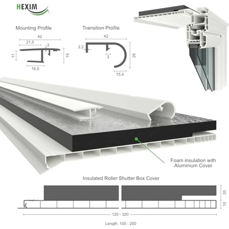 HEXIM PVC Rollladenkastendeckel Komplettset, Aufnahmeprofil & Rollladentraverse, Länge: 1000-2000mm, Breite: 120-320mm, weiß, hohe Wärmedämmung und Schallschutz – Bild 3