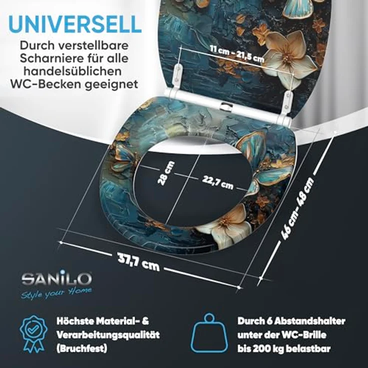 Sanilo WC Sitz mit Absenkautomatik Top Fix Mariposa, antibakterielle Holz-Oberfläche, verstellbare Scharniere, 4-seitiger Druck – Bild 4