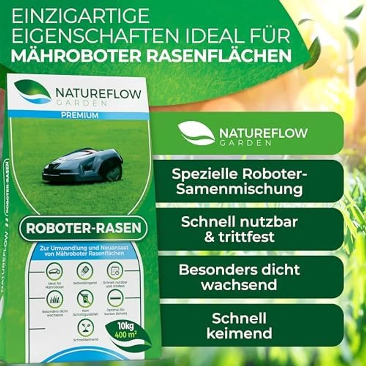 NATUREFLOW Mähroboter Rasensamen schnellkeimend 10kg, Unkrautfrei und pflegeleicht, für 400m² Rasenvorbereitung – Bild 3