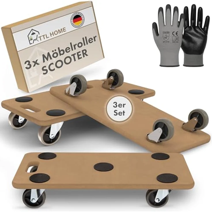 TTL HOME Möbelroller Scooter 3er Set, 250kg Traglast, 360° drehbare Gummi Rollen, 58x30x11cm, mit 5 Anti-Rutsch-Pads, ideal für Indoor & Outdoor Transporte – Bild 1