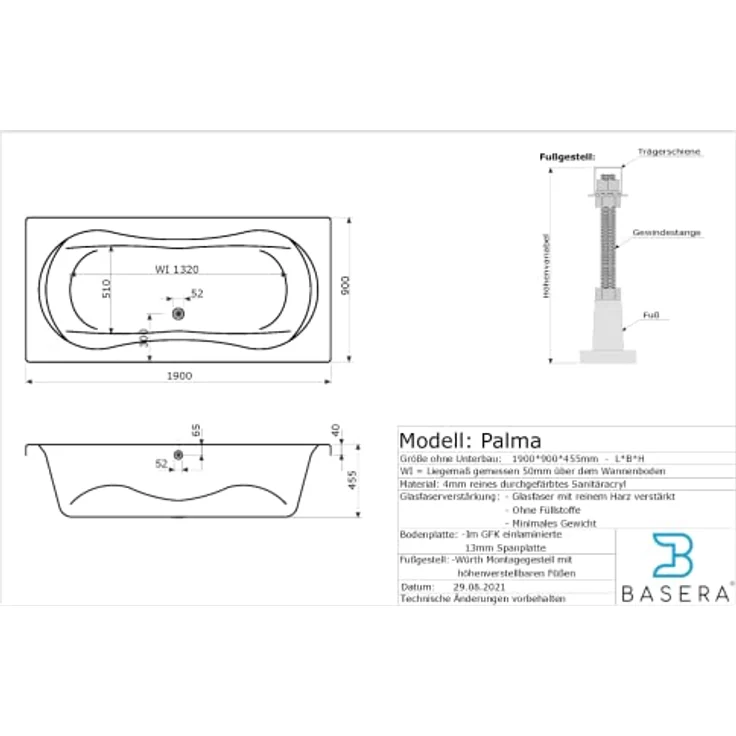 Basera® Whirlpool-Badewanne PREMIUM Palma 190 x 90 cm, weiß, 20 Massagedüsen, Heizung, Ozongenerator - Preisvergleich – Bild 6