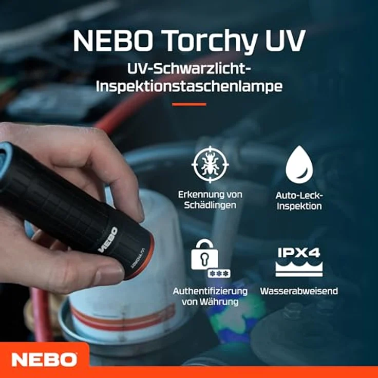 NEBO Torchy UV, UV Schwarzlicht Inspektions-Taschenlampe, kompakt und tragbar, langlebige Aluminiumkonstruktion, batteriebetrieben für Authentifizierungszwecke – Bild 2
