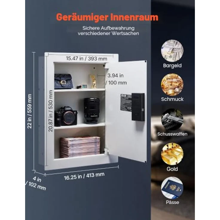 VEVOR Wandsafe, Wandtresor mit Passwort, Schlüssel & Drehknopf, Einbaugehäuse aus kaltgewalztem Stahl Q235, verstellbare Ablagen, weiß – Bild 2
