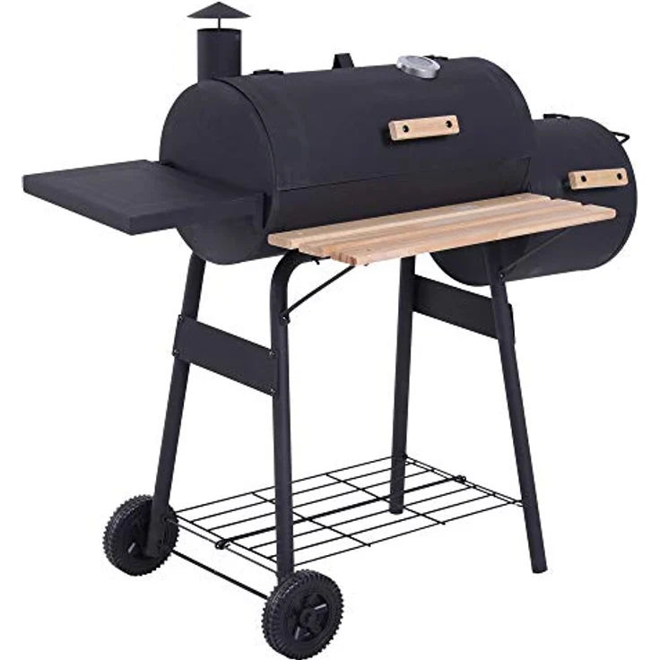 Outsunny Smoker Grill BBQ Holzkohlengrill Grillwagen Multifunktion mit 2 x Brennkammer Schornstein Metall + Tannenholz Schwarz 124 x 53 x 104 cm – Bild 1