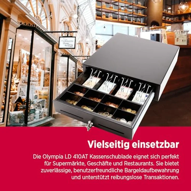 Olympia LD 410AT Kassenschublade | Geldkassette abschließbar mit Einwurfschlitz | RJ12-kompatibel | 8 Münz- & 4 Scheinfächer + Halteklammern | Metallgeldbox für Handel & Gastronomie | 41,5x41x10,4 cm, schwarz – Bild 5