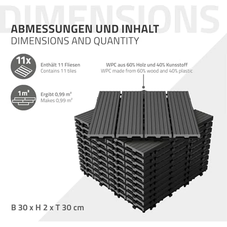 ECD Germany WPC Terrassenfliesen 30x30 cm 22er Spar Set für 2m² Anthrazit in Holzoptik für Garten Balkon Bodenbelag mit Drainage und Klicksystem Terrassendielen Balkonfliesen Klickfliesen Holzfliesen – Bild 7
