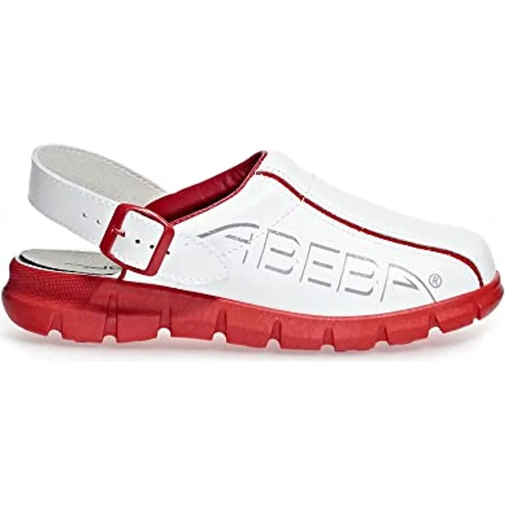 Abeba Berufsschuh-Clog Herren 7313 tools, Weiß Blau mit Aufdruck, 36 EU, Sicherheitssandalen mit Glattleder, Zertifizierung CE, EN ISO 20347:2012 OB, A, E, FO, SRC