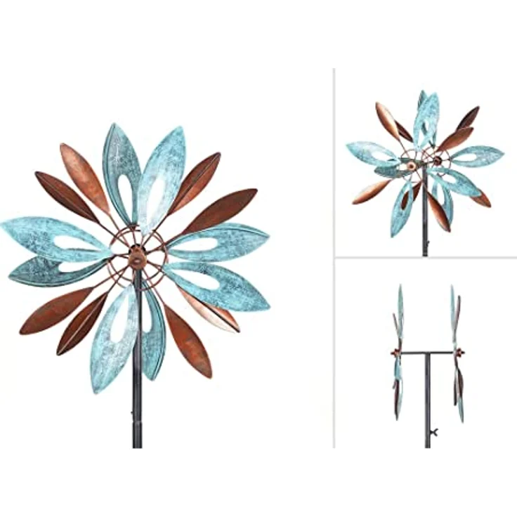 Kinetic Art Copper Flower Duett, Metall Windspiel mit kugelgelagertem Windrad, Solarpanel und LED, wetterfest mit stabilen Bodenankern für Garten und Terrasse – Bild 3