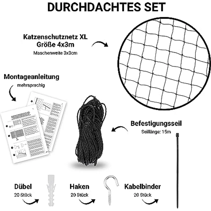 FinoPet Katzennetz für Balkon drahtverstärkt 4x3 Meter inklusive Befestigungsmaterial, Katzenschutznetz Katzengitter Schutznetz Sicherheitsnetz Balkonnetz für Katzen, Katzennetz für Balkon ohne bohren – Bild 2