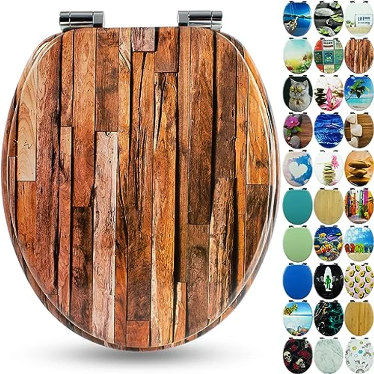 Sanfino WC Sitz Industrial Wood, Toilettendeckel aus Holz mit Absenkautomatik, braun, verchromte Metallscharniere, einfache Montage – Bild 1