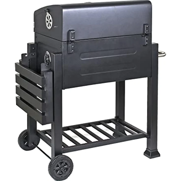 Wiltec BBQ Holzkohle Grillwagen mit Deckel, Ablage und Feuerklappe, Höhenregulierung für Kohle, Thermometer, Schwarz – Bild 5