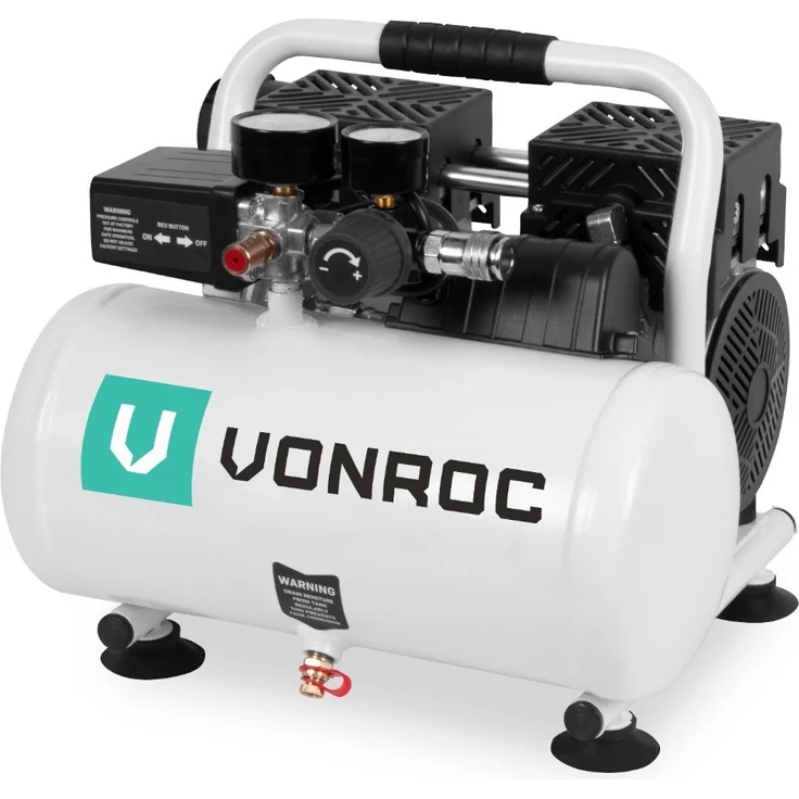 VONROC Leiser Luftkompressor VC25, ölfrei, 750 W, 128 l/min, 6-Liter-Tank, 8 bar, 57,5 dB(A), weiß
