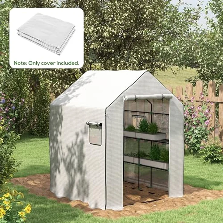 Outsunny Ersatzfolie Gewächshausfolie mit UV-Schutz, Seitenfenster, Rolltür, PE-Folie für Tomatenhaus, Treibhaus, Weiß, 140 x 143 x 190 cm – Bild 2
