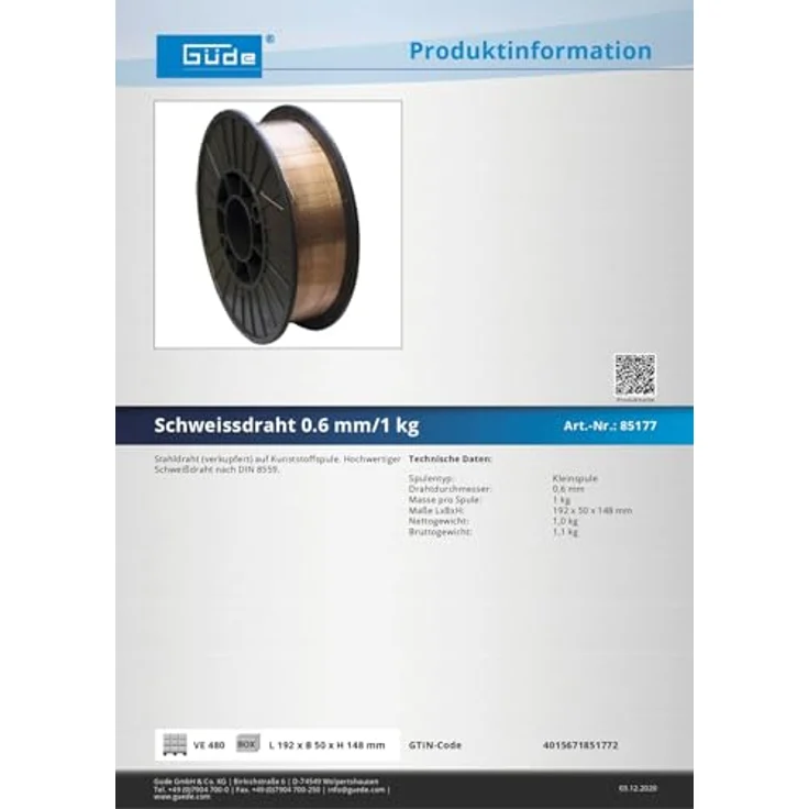 Güde SCHWEISSDRAHT 0.6MM/1KG, Kupferschweißdraht auf Kunststoffspule, 1kg, DIN 8559, blau – Bild 2