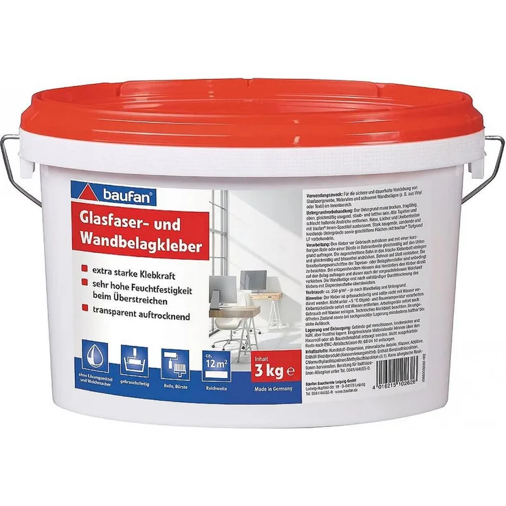 Baufan Glasfaser- und Wandbelagskleber für Glasfasergewebe, Malervlies und schwere Wandbeläge 3kg